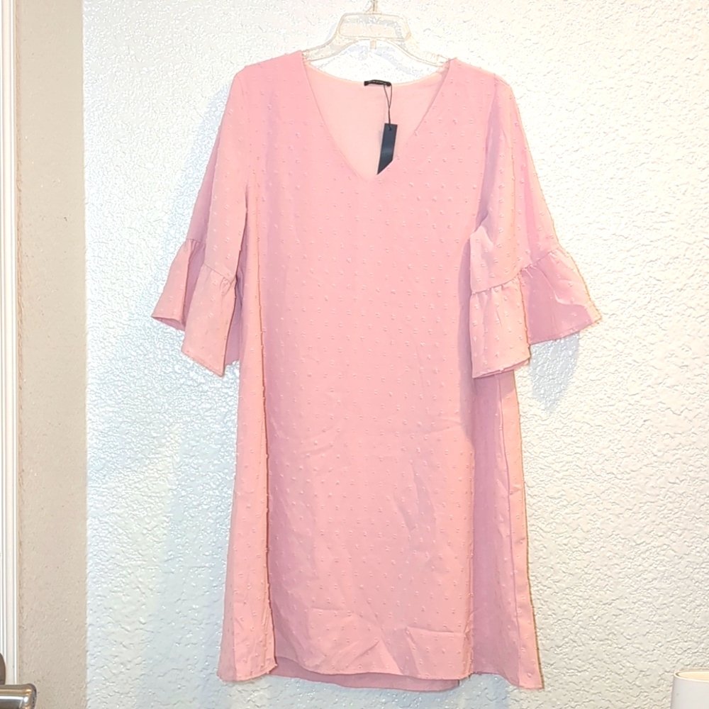 Gracyoga  Summer Neck Bell Sleeve Chiffon Shift Dress Tunic Flowy XL Pink Dress